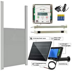 Klappensteller HK-BAT mit Hühnerklappe inkl. Solar Modul 12W Lithium Akku 6V 18000 mAh + LED Lampe 3W